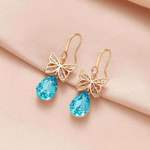 Austrian Crystal Teardrop Butterfly Drop Dangle Earrings for Women 14K Rose Gold Plated Hypoallergenic Jewelry - color: Aquamarine
