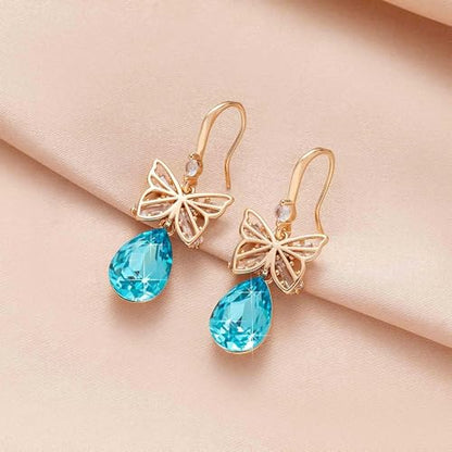 Austrian Crystal Teardrop Butterfly Drop Dangle Earrings for Women 14K Rose Gold Plated Hypoallergenic Jewelry - color: Aquamarine