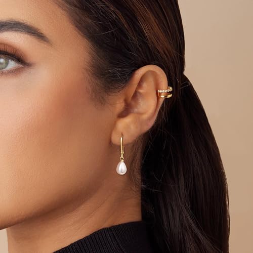 Freekiss Pearl Earrings for Women Trendy: Flat Back Stud Earrings 14K Gold Plated/925 Sterling Silver Freshwater Pearl Dangle Earrings Cute Bow Earrings Wedding Jewelry Birthday Gifts for Women Girls - style: leverback dangle earrings