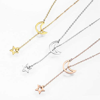 18K Gold Plated Stainless Steel Bee Honeycomb Pendant Necklace, Adjustable Y Lariat Conch/Guitar/Horseshoe Necklace for Women - color: Silver, style: Moon Star