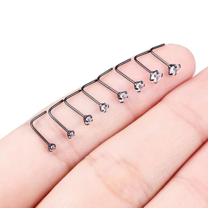 Hoeudjo Hypoallergenic Nose Rings Studs 24G Surgical Stainless Steel Cubic Zirconia Nose Studs for Women Men Screw & Bone & L Shaped Nostril Piercing Jewelry with 1.5mm 2mm 2.5mm 3mm CZ - color: black,L-shaped nose studs