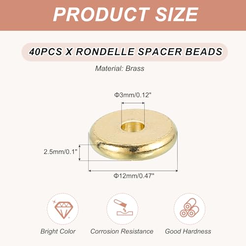 MECCANIXITY 40Pcs Rondelle Spacer Beads 12mm Diameter 3mm Hole Size 2.5mm Thick Metal Flat Disc Charm Circle for Bracelet Earring Necklace Jewelry Making, Gold - color: Gold, size: 12mm Dia x 3mm Hole Sizex 2.5mm Thick