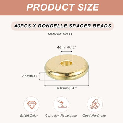 MECCANIXITY 40Pcs Rondelle Spacer Beads 12mm Diameter 3mm Hole Size 2.5mm Thick Metal Flat Disc Charm Circle for Bracelet Earring Necklace Jewelry Making, Gold - color: Gold, size: 12mm Dia x 3mm Hole Sizex 2.5mm Thick