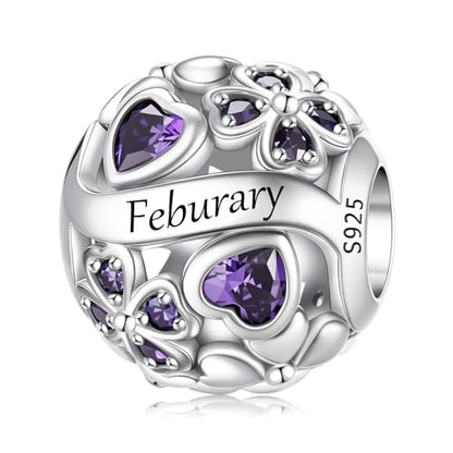 LNQOBU 925 Sterling Silve Lucky Birthstone Charm for Bracelets, With 5A Cubic Zirconia Birthday Charms Dangle Pendant Bead for Pandora Bracelets and Necklaces - color: B1-February