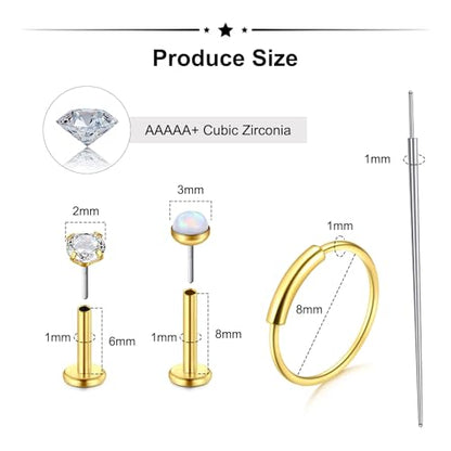 Zolure 18G/20G Flat Back Earrings Stud Threadless Nose Studs Surgical Steel Push in Earrings Tragus Cartilage Labret Helix Lip Conch Medusa Piercing Jewelry - color: 18G Gold #3