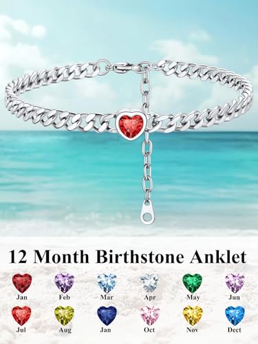 ChainsHouse Cuban Chain Anklets for Women with Heart Birthstone Jan - Dec | Stainless Steel Black Link Chain Ankle Bracelet with Birthstone, Beach Women Anklet 22cm-27cm Adjustable, with Gift Box - color: 07. Jul.-Ruby-Steel