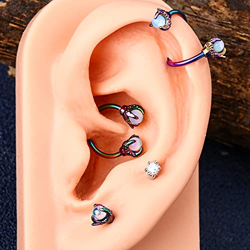 OUFER Twist Helix Earring 316L Stainless Steel Dragon Claw with Opalite Center 16G Twist Lip Labret Cartilage Upper Lobe Piercing Jewelry - color: Rainbow Opalite