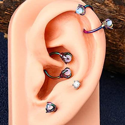 OUFER Twist Helix Earring 316L Stainless Steel Dragon Claw with Opalite Center 16G Twist Lip Labret Cartilage Upper Lobe Piercing Jewelry - color: Rainbow Opalite