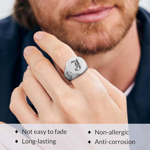 Custom Signet Ring for Men Personalized Initial Ring Custom Mens Rings Engraved Ring Customized Memorial Graduation Gifts for Father Husband Boyfriend Friends - color: Round Silver
