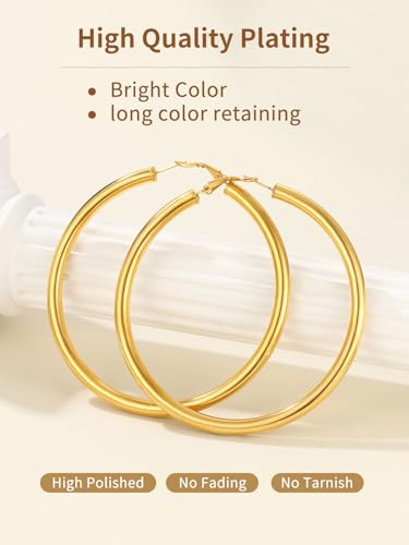 FindChic Hoop Earrings for Women, Silver/Black/14K Gold Plated Hypoallergenic Hollow Round Tube Loop Earrings, 20mm/30mm/40mm/60mm/80mm Chunky Hoops with Custom Name Options & Gift Box - color: c.Gold, size: 80MM