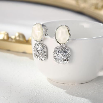 Gorgeous Shiny Rhinestones Square Irregular Stone Dangle Earrings for Women Bride Bridesmaid Party Prom Jewelry Accessories - style: Silver-Tone Clip