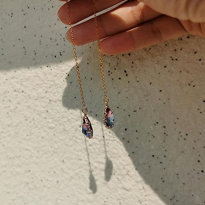 WANGGAO Stainless Steel Water Drop Long Chain Earrings for Women Linear Crystal Threader Earrings Jewelry - color: Blue