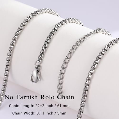Eusense Stainless Steel Chain Necklace for Men Women Rolo/Wheat/Snake/Box Chain, 2-3MM, 20-24 Inches with Delicate Gift Box - color: Silver, size: 22+2 Inches Length, style: Rolo Chain-3MM Width