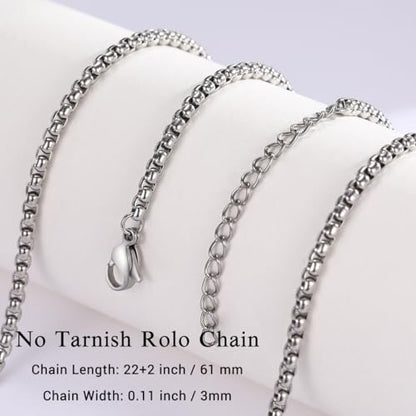 Eusense Stainless Steel Chain Necklace for Men Women Rolo/Wheat/Snake/Box Chain, 2-3MM, 20-24 Inches with Delicate Gift Box - color: Silver, size: 22+2 Inches Length, style: Rolo Chain-3MM Width