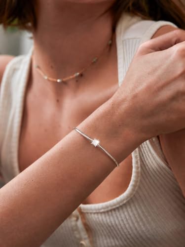 Gold Cuff Bracelets for Women, 14K Gold Plated Dainty Open CZ Cuff Bracelet Adjustable Stackable Open Bangle Bracelet Birthday Jewelry Gift for Her - color: Square CZ-Silver