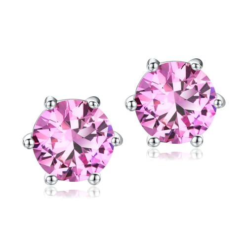 DAYBYDAY 925 Sterling Silver Birthstone Earrings for Women, Crystal Stud Earrings, 6.5mm Round Cut Solitaire Gemstone Earrings Birthday Jewelry - style: Round Cut-10. Oct/created pink sapphire