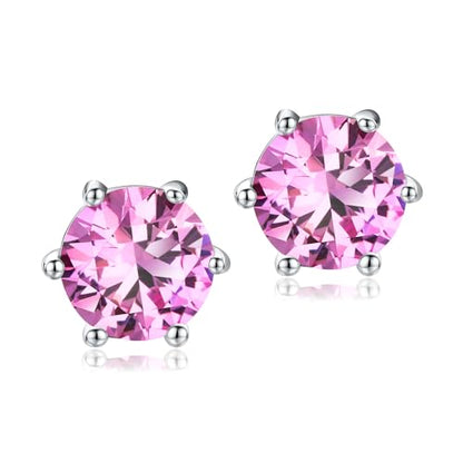 DAYBYDAY 925 Sterling Silver Birthstone Earrings for Women, Crystal Stud Earrings, 6.5mm Round Cut Solitaire Gemstone Earrings Birthday Jewelry - style: Round Cut-10. Oct/created pink sapphire