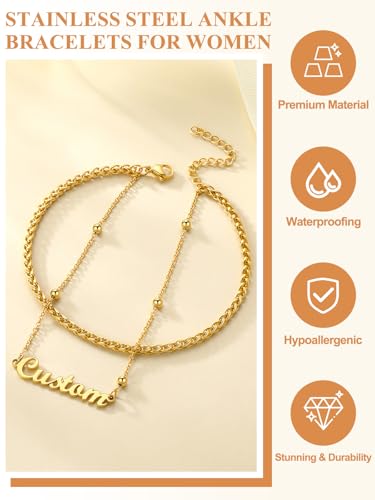 Custom4U Custom Name Anklet Bracelets for Women Waterproof Beaded/Figaro/Cuban/Rope/Wheat Chain Anklet Stackable Gold Plated Non Tarnish Custom Beach Gift Barefoot Summer Jewelry for Her - color: D01-Gold Wheat Chain