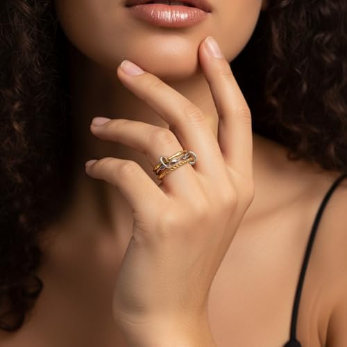 Stackable Rings for Women Non Tarnish Gold Silver Mixed Metal Wedding Band Set Gold Plated Stainless Steel with Cubic Zirconia Dainty Statement Thumb Ring Gift for Christmas Birthday Anniversary Jewelry - style: Gold Triple Band Ring