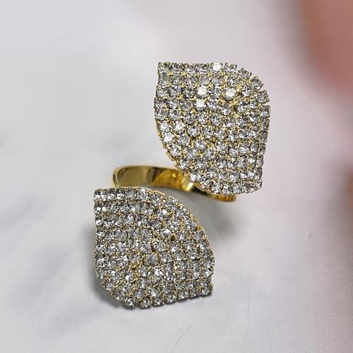 Paved CZ Leaf Statement Open Ring for Women - Sparkle Crystal Leaves Adjustable Wrap Finger Band Bridal Wedding Engagement Promise Eternity Rings Exaggerated Exquisite Cocktail Party Jewelry for Bride - color: Gold