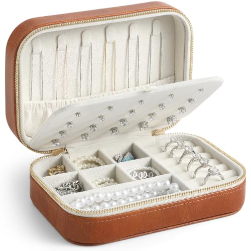 Genuine Leather Travel Jewelry Organizer Case for Women, Small Mini Portable Jewelry Box for Ring Earrings Necklace Bracelet Luxury Gift for Women Brown - color: Brown