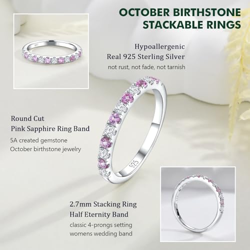 Birthstone Rings Eternity Band 925 Sterling Silver/Yellow Gold-Plated Created Gemstone Stackable Wedding Band 2.7mm Thin Half Eternity Rings for Women Size 6 to 10 - color: 10-Pink Sapphire-Oct.