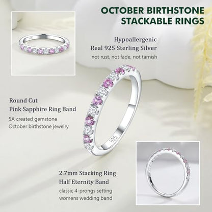 Birthstone Rings Eternity Band 925 Sterling Silver/Yellow Gold-Plated Created Gemstone Stackable Wedding Band 2.7mm Thin Half Eternity Rings for Women Size 6 to 10 - color: 10-Pink Sapphire-Oct.