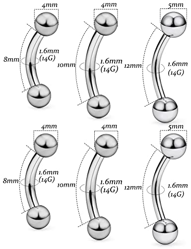14G 16G Eyebrow Piercing Jewelry G23 Titanium Curved Barbell Eyebrow Ring Vertical Labret Lip Jewelry Rook Daith Earrings Piercing Jewelry for Women Men 6mm 8mm 10mm 12mm 14mm 16mm - color: 14G,8mm-10mm-12mm