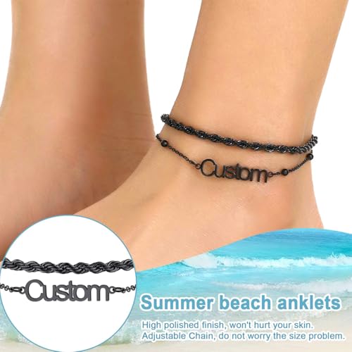 U7 Custom Layered Ankle Bracelets for Women Stainless Steel Bead/Cuban/Figaro/Rope/Wheat Chain Anklet Waterproof Anklet Jewelry for Beach Vacation - color: c-Black-Rope Chain