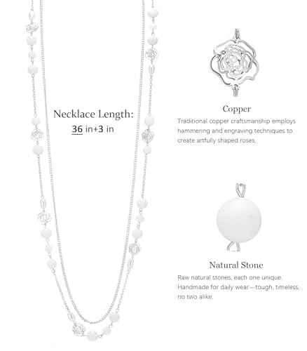 FULU AUTUMN Long Layered Silver Necklaces for Women - Natural Stone and Dainty Flower Beaded Sweater Chain Fashion Jewelry Gifts - color: White