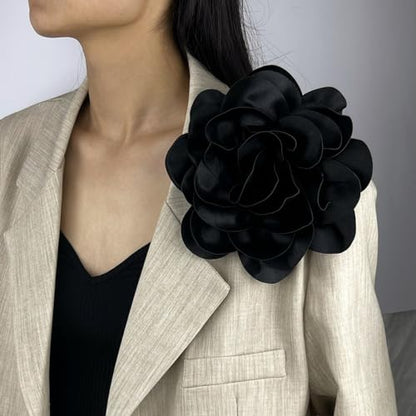 Dainty Satin Fabric Rose Flower Brooches 7.5in Extra Large Big Camellia Flower Brooches Lapel Pins for Women Wedding Party Dance Dress Clothes Accessories - color: Black
