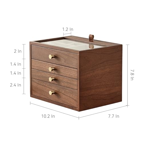 CHOSIN Walnut Jewelry Box Wood for Women with Vertical Neclace Hooks | Pull-out Necklace Storage Layer, 4 Drawers, No Mirror, Unlocking, Transparent Glass Lid, Velvet Interior, Gift for Her - style: 4 Layer B