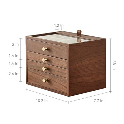 CHOSIN Walnut Jewelry Box Wood for Women with Vertical Neclace Hooks | Pull-out Necklace Storage Layer, 4 Drawers, No Mirror, Unlocking, Transparent Glass Lid, Velvet Interior, Gift for Her - style: 4 Layer B
