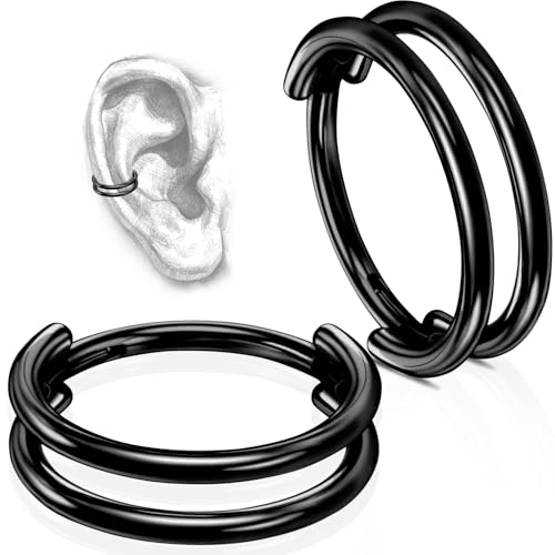 2 PCS Cartilage Earring Double Triple Hoop Nose Ring Titanium Conch Piercing Jewelry - color: Black, size: 16g 8mm