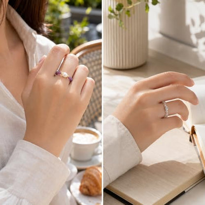4Pcs Crystal and Amethyst Beaded Ring Set for Women, Handmade Stackable Stretch Rings with Pearl Accent, Dainty Gift Jewelry