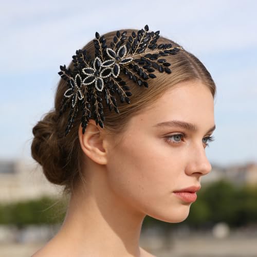 Teyglen Large Full Rhinestone Headband Flower Crystal Bride Wedding Headband Hair Vine Bridal Rhinestone Headpiece Wedding Hair Accessories for Women Party Prom (Black) - color: Black