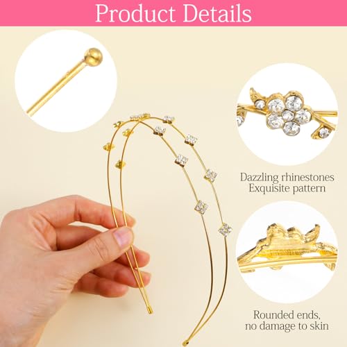 Bremorou 4 Pcs Girls Gold Headband Bridal Headband Crystal Flower Prom Headpiece Flower Leaf Tiara Crown Head Band Wedding Hair Accessories for Women Festival Gifts 5.51× 4.52 Inch