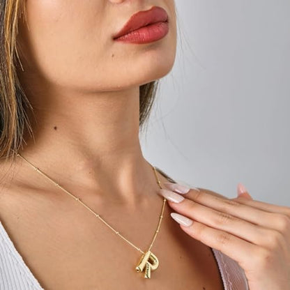 Gold Bubble Initial Necklace for Women Balloon Letter Necklace 18K Gold Plated Dainty Alphabet Pendant Puffy Name Personal Necklace - color: R