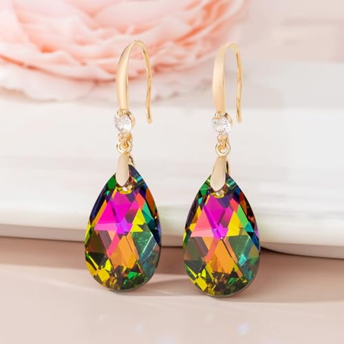 Austrian Crystal Teardrop Dangle Drop Earrings for Women 14K Gold Plated Hook Earring Hypoallergenic Jewelry Gifts for Women Girls - color: Vitrail Medium