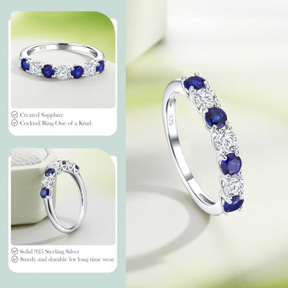 3.5mm Stackable Rings S925 Sterling Silver Created Birthstone & Cubic Zirconia Ring for Women Wedding Bands Anniversary Birthday Jewelry Size 6 to 10(with Box) - color: 09-Created Sapphire & CZ-Sep