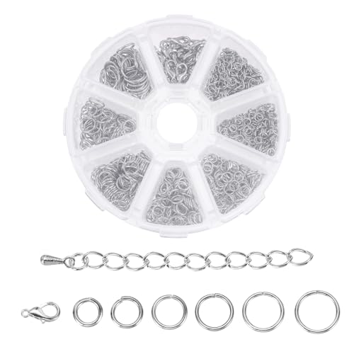 MECCANIXITY 1320Pcs Jump Rings for Jewelry Making, 8 Sizes Jewelry Making Kit with Lobster Clasps & Chains for Keychains Earings Necklace Repairing DIY Silver - color: Silver