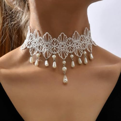 Lace Choker Necklace for Women Gothic Pearl Pendant Necklace Halloween Cosplay Jewelry - color: Pearl Tassel