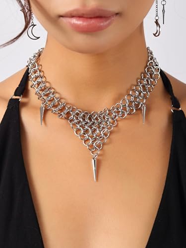 Sacina Chunky Spike Choker, Gothic Emo Punk Grunge Necklace, Goth Jewelry - color: Silver