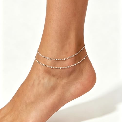 PICNHUAN Gold/Silver Ankle Bracelets for Women 14K Gold Plated Women's Anklets Silver Cuban Chain Anklet Waterproof Stainless Steel Anklet Summer Beach Foot Chain Jewelry Gifts for Women - color: Silver/Two-layer