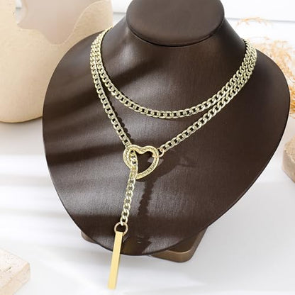 Slip Chain Necklaces for Women Stainless Steel Bar Pendant Choker Necklace Boho Handmade Long Lariat Necklace Silver Statement Punk Rock Collar Jewelry - style: layered gold heart