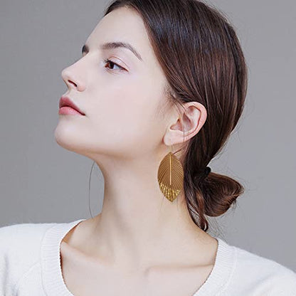 Bohemian Handmade Lightweight Color Large Genuine Soft Leather Fringe Feather Leaf Tear Dangle Drop Earrings for Women Statement - color: 2-Brown