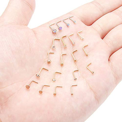20G 1.5mm 2mm 2.5mm 3mm 3.5mm 4mm Opal Clear Diamond CZ Nose L Shaped Studs Rings Piercing Jewelry 4-20PCS - color: 20PCS - Rose Gold