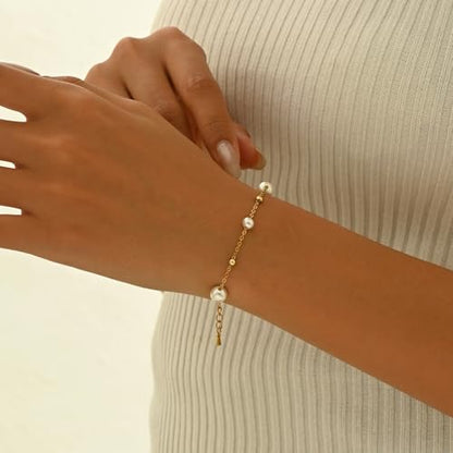 18K Gold Plated Pearl Beaded Cross Bracelets for Women Adjustable Stainless Steel Dainty Thin Gold Box Cuban Twisted Link Chain Bracelet Bridesmaid Jewelry Gifts - color: Multi Pearls Beads-Gold