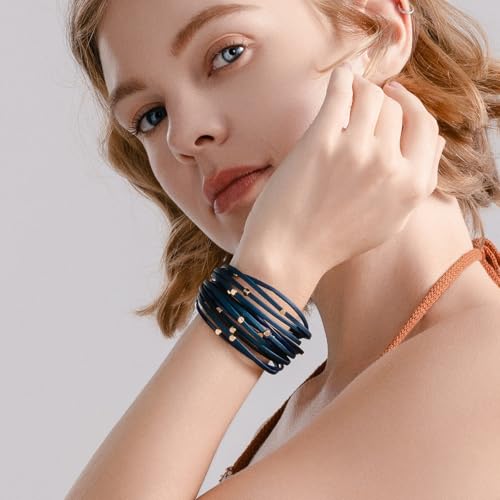 Stackable Beaded Leather Wrap Bracelet Boho Western Country Beach Jewelry | Layered Bead Stack Multi Strand Magnetic Clasp Cuff Bangle Bohemian Hippie Cowgirl Fashion Summer Vacation Outfits for Women - color: Blue