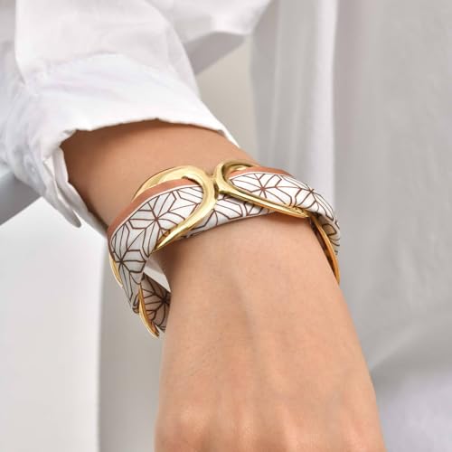 Women Trendy 2 in 1 Silk Scarf Wide Open Cuff Bangle Bracelet Set,18K Gold Plated Adjustable Scarf Cuff Bracelet, Stainless Steel Fashion Statement Wrist Cuff Wrap Jewelry Gifts - color: Coffee